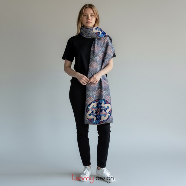 Khăn 2 mặt nhung đen, gấm rồng xanh